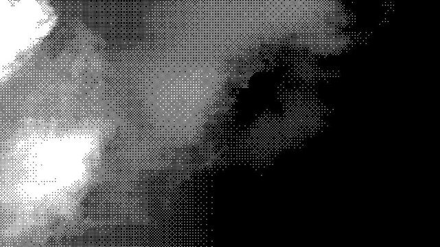 Black and white video of moving clouds processed with a digital dithering effect. Stylized pixel-like texture suitable for creative edits, backgrounds, and visual effects.