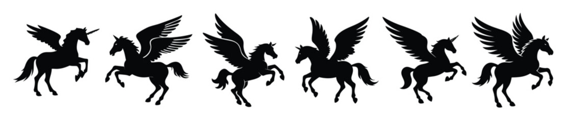 Pegasus Unicorn Silhouette – Mythical Flying Horse Fantasy Vector Icon © fas