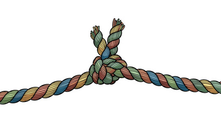 Colorful twisted cord with frayed end intricately knotted, isolated on a clean white background, showcasing detailed texture and vibrant hues