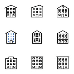 Fototapeta premium A collection of simple, modern line-art icons depicting various residential and commercial buildings.