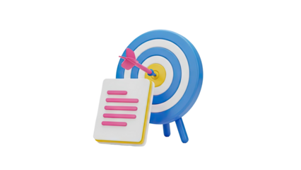 3D Dart hitting target, document and goal achievement concept on transparent background