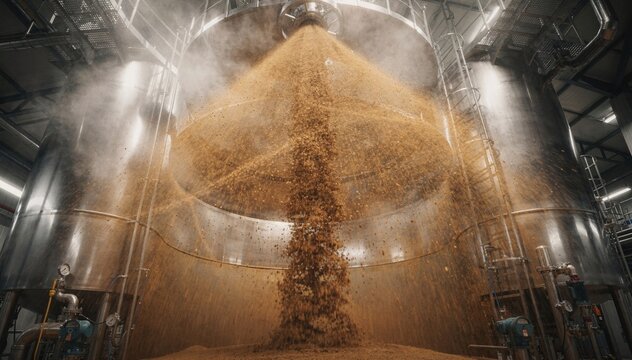 Industrial view of the spray drying tower midprocess focusing on the concentrated coffee sprayed at high pressure in the heated vertical structure emitting fine vapor trails.