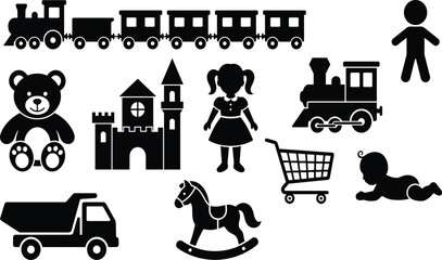 Collection of black silhouettes featuring children toys like trains, teddy bear, castle, doll, rocking horse, and truck on white background. © Horgobinda