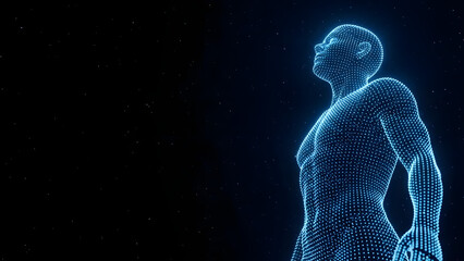 Digital human wireframe in blue light on dark background