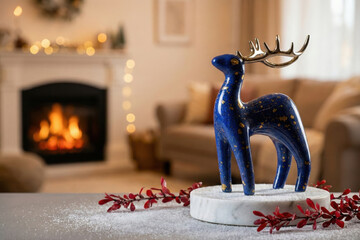 Blue reindeer figurine with gold antlers in cozy living room