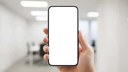 Hand holding mobile phone with blank white screen mockup in vertical portrait position in blurred bright corporate business office for app design presentation digital advertising
