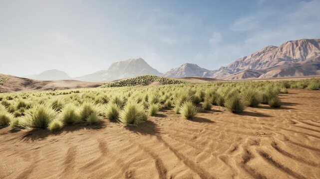 A vast desert terrain features overgrown low bushes with stunning mountains in the background under a bright blue sky.