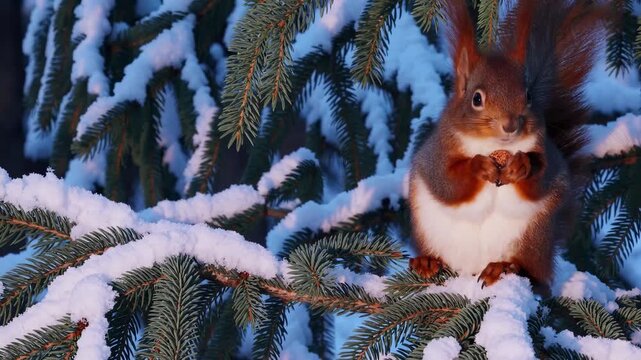 Red squirrel eats nut on snowy spruce branch in winter forest. Squirrel feeds on pine tree with snow. Winter wildlife with squirrel eating on snowy evergreen. Forest animal on spruce in winter.