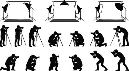Collection of black silhouettes featuring professional photographers with cameras, tripods, and various studio lighting equipment setups on a white background.