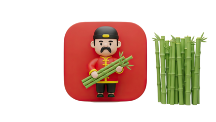 3D Cartoon Man in Traditional Chinese Clothes Holding Bamboo on transparent background