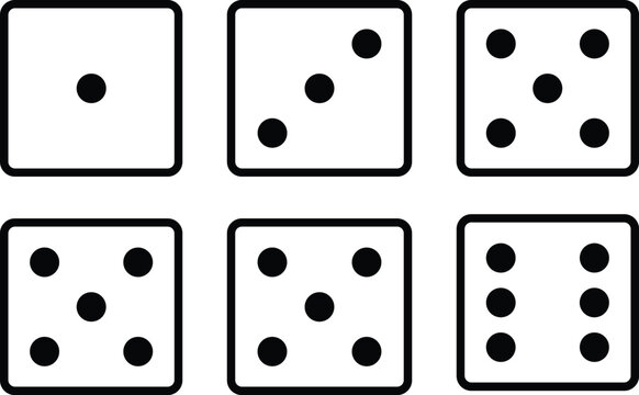 Set of minimalist black and white flat vector dice icons showing different faces for gambling, board games, luck, and gaming.