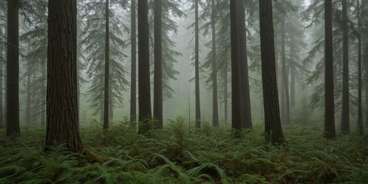 Mystischer Nebelwald im Fr&uuml;hling, dichte B&auml;ume und moosbewachsene Erde im Wald