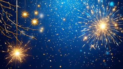 Fototapeta premium Sparkling image against a deep blue backdrop. Twinkling lights and fireworks create a festive glow with golden accents