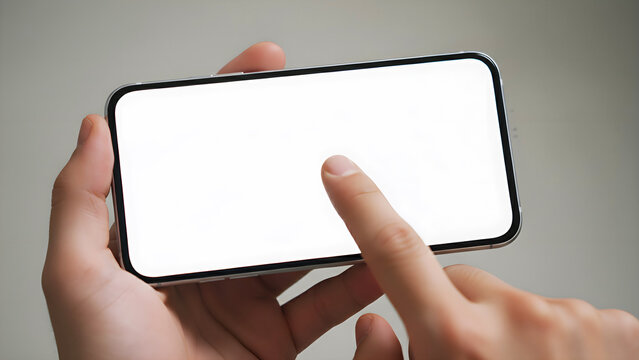 Hand holding mobile phone mockup blank white screen finger tapping display landscape horizontal position for app interface design presentation digital marketing media technology
