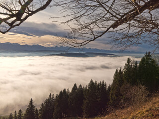 Blick vom Hohenpeissenberg &uuml;ber den Hochnebel in Oberbayern