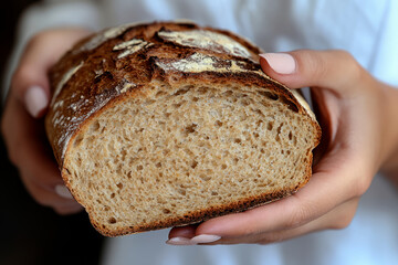  close-up of a woman's hands holding a whole wheat bread,