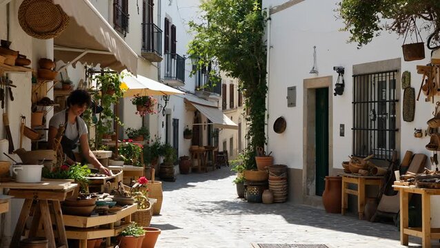 Charming Street Market with Artisan at Work in Mediterranean Village