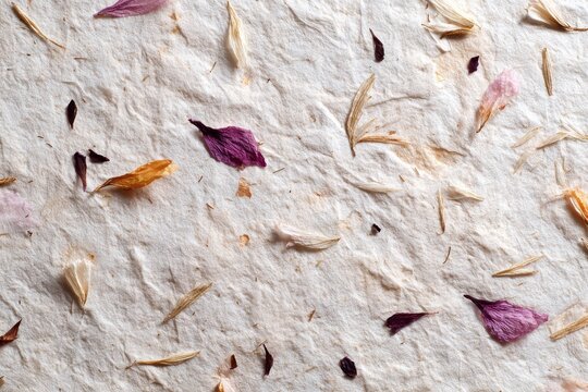 Handmade mulberry paper texture, natural fibers with embedded flower petals.