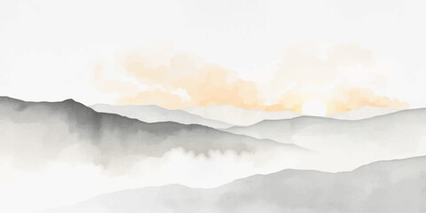 A serene summer landscape view of white clouds in the blue sky over misty mountains creates an abstract heaven of light and air in this nature cloudscape