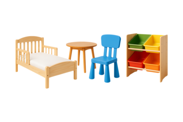 Wooden Kids Furniture Set with Bed Table Chair and Storage Unit Isolated on a Transparent Background
