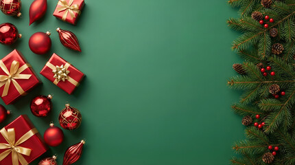 Christmas holiday flat lay composition with red gift boxes and pine branches on green background with central copy space for text