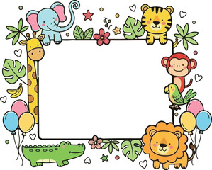 Fototapeta premium Frame with cute animals and plants. Vector clip art on white background.