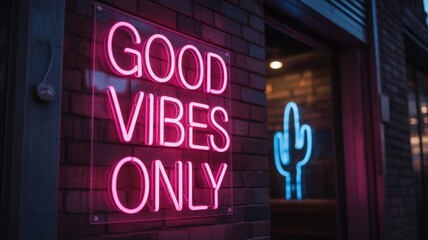 "Good Vibes Only" neon sign glowing pink on a dark brick wall, with a blue cactus neon sign reflected in the background.