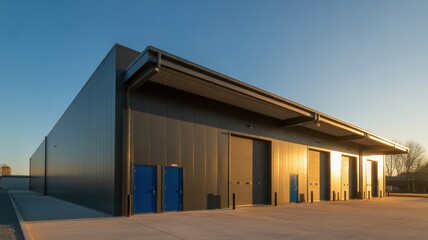 Fototapeta premium A modern industrial warehouse building with multiple loading docks and blue doors under a clear blue sky during sunset.