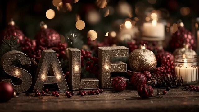Glitter SALE letters glow among candles, red ornaments, and winter berries on a wooden table. Warm bokeh lights create a cozy festive mood. Christmas discount promotion background for ads.