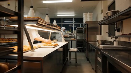 Modern Bakery Kitchen with Fresh Bread and Pastry Preparation