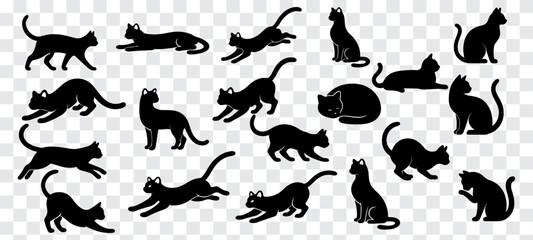 Fototapeta premium Minimal black cat silhouettes Large set of showing dynamic jumping and running poses, clean vector style perfect for icons, logos, stickers, and motion graphics on transparent background.