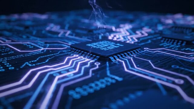A dynamic, close-up shot of a sophisticated circuit board, showcasing a central processing unit glowing with vibrant blue and purple neon pathways. The intricate electronic network illuminates the dar