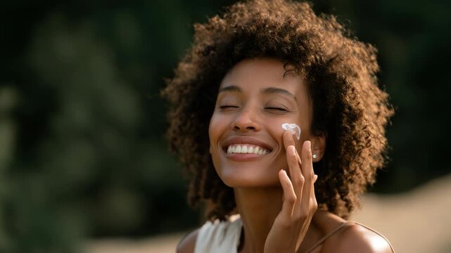 Joyful woman with curly hair applying sunscreen outdoors in sunny weather