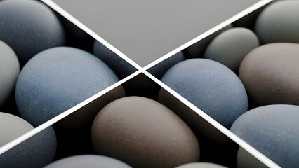 Collection of smooth matte pebbles showcasing natural muted blue and earthy brown tones with striking geometric division