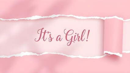 Joyful announcement graphic reveals a sweet baby girl is arriving through a decorative torn paper effect background