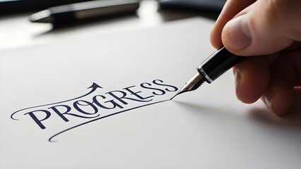 Handwritten word progress with an upward arrow symbolizes moving forward on white paper using a fountain pen