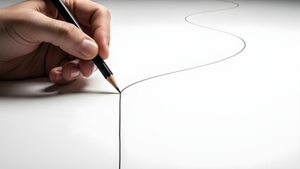 Hand drawing a continuous winding line with a sharp graphite pencil across a bright white surface
