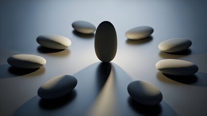 Abstract concept visualization featuring one upright dark stone surrounded by illuminated oval pebbles creating a sense of focus
