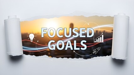 Revealing the path to success with focused goals illustrated by light trails and business icons against a sunset skyline