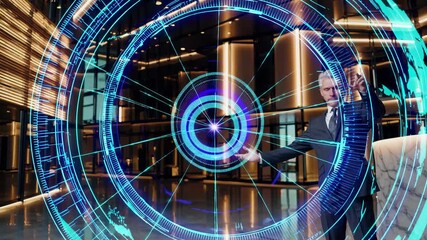 Senior businessman controls futuristic digital hologram interface. Man uses virtual touch screen in modern office. Corporate leader interacting with hologram. Future technology concept with businessma - Powered by Adobe
