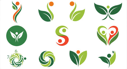 Green Organic Health Wellness Logo Designs People and Leaf Symbols for Nature Community Branding and Growth