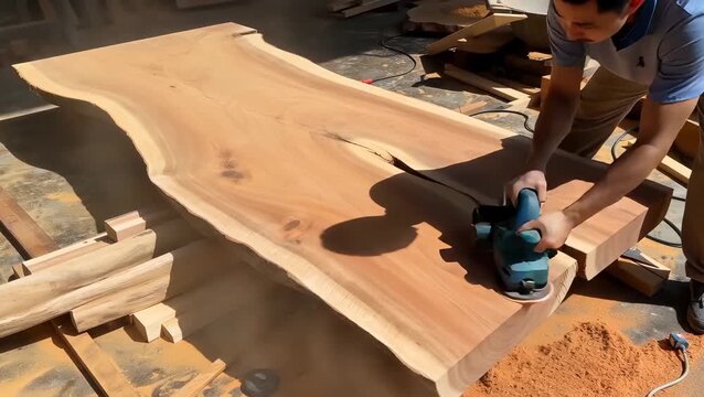 Woodworking Process: Sanding a Natural Wood Slab with Power Tools