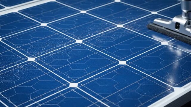 A focused close-up reveals a specialized cleaning device meticulously traversing the intricate grid pattern of a blue photovoltaic panel, effectively removing accumulated dust and debris. The action h