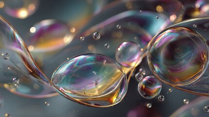 Iridescent soap bubbles floating in the air with colorful reflections.
