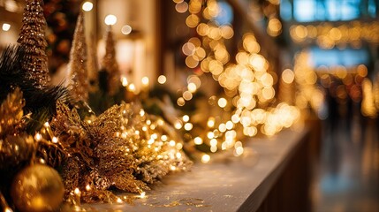 Festive Christmas decorations and golden ornaments on a blurred background.