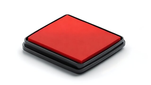 Square red ink pad in a black plastic case, angled slightly, isolated on a white background