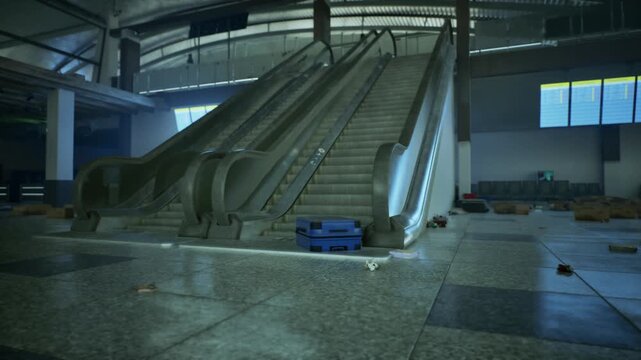 An abandoned airport reveals empty escalators and scattered luggage, illustrating neglect and the passage of time. The eerie calmness highlights the desolation of the once bustling location.