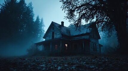 An old, abandoned house stands eerily in a dark, foggy forest at night, with a faint light glowing from a window.