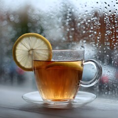 A cup of tea with a lemon slice in it