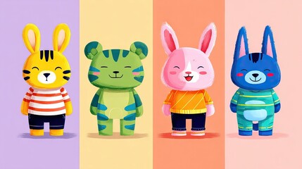 Cute cartoon animal characters, including rabbits and a bear, with tiger stripes and colorful outfits.